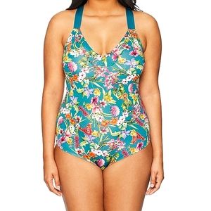 NWT JESSICA SIMPSON Plus Size Jade Floral Tie back slimming Swimsuit